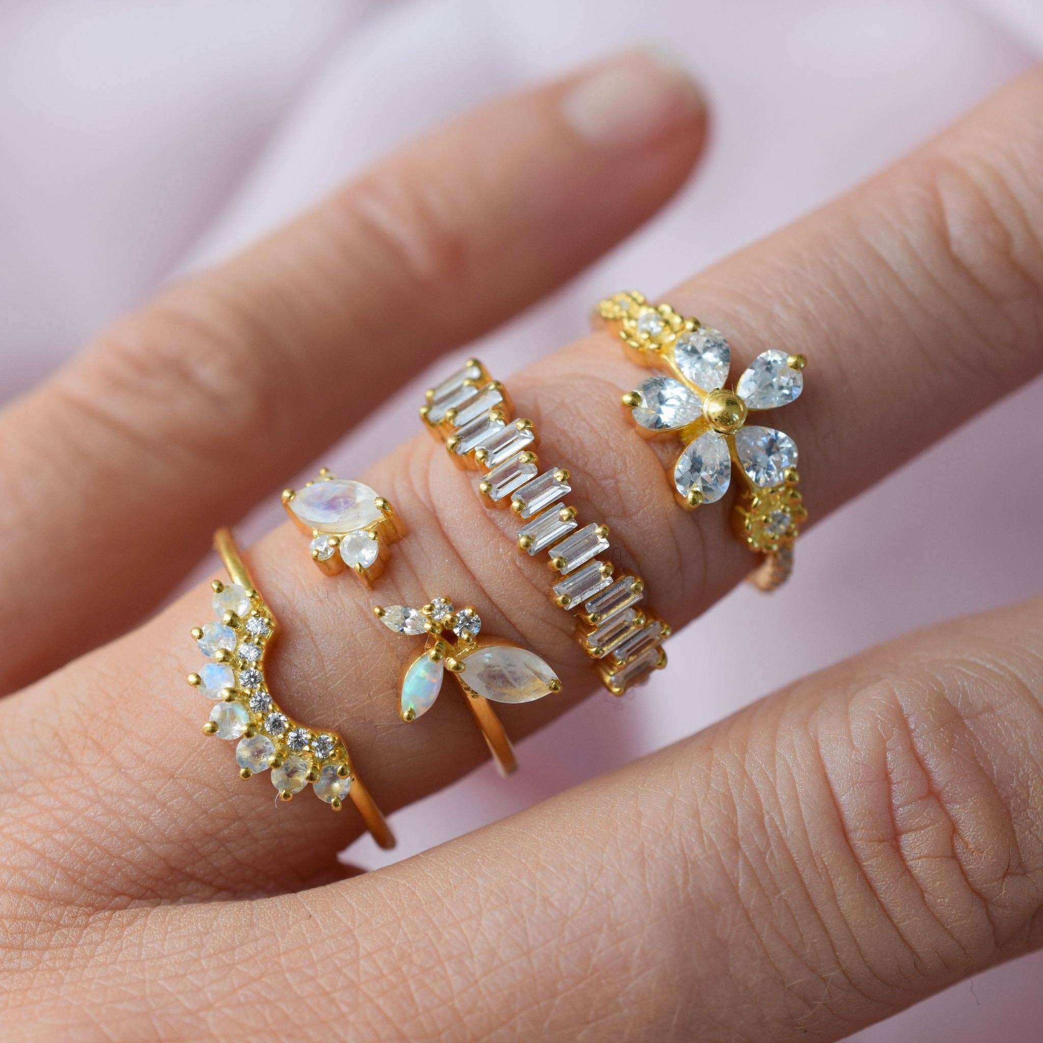 Moonstone and Diamond Rainbow Arc Ring