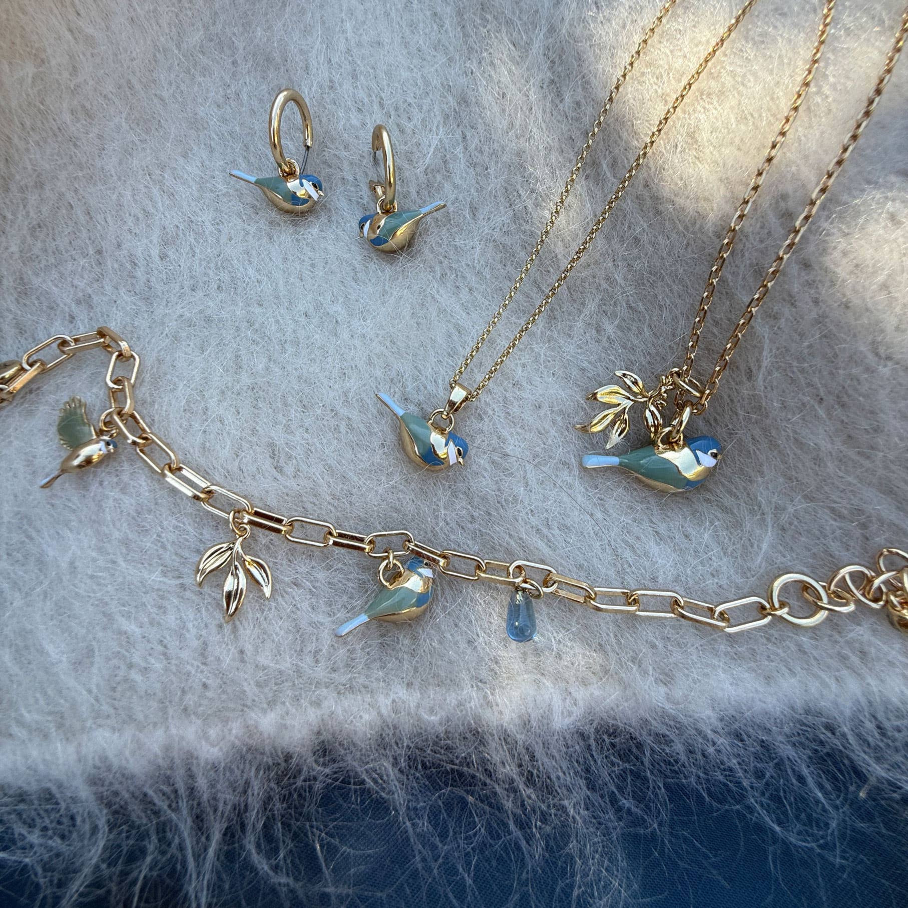 Blue Tit Gold Double Pendant Necklace