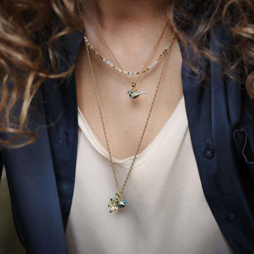 Blue Tit Gold Double Pendant Necklace