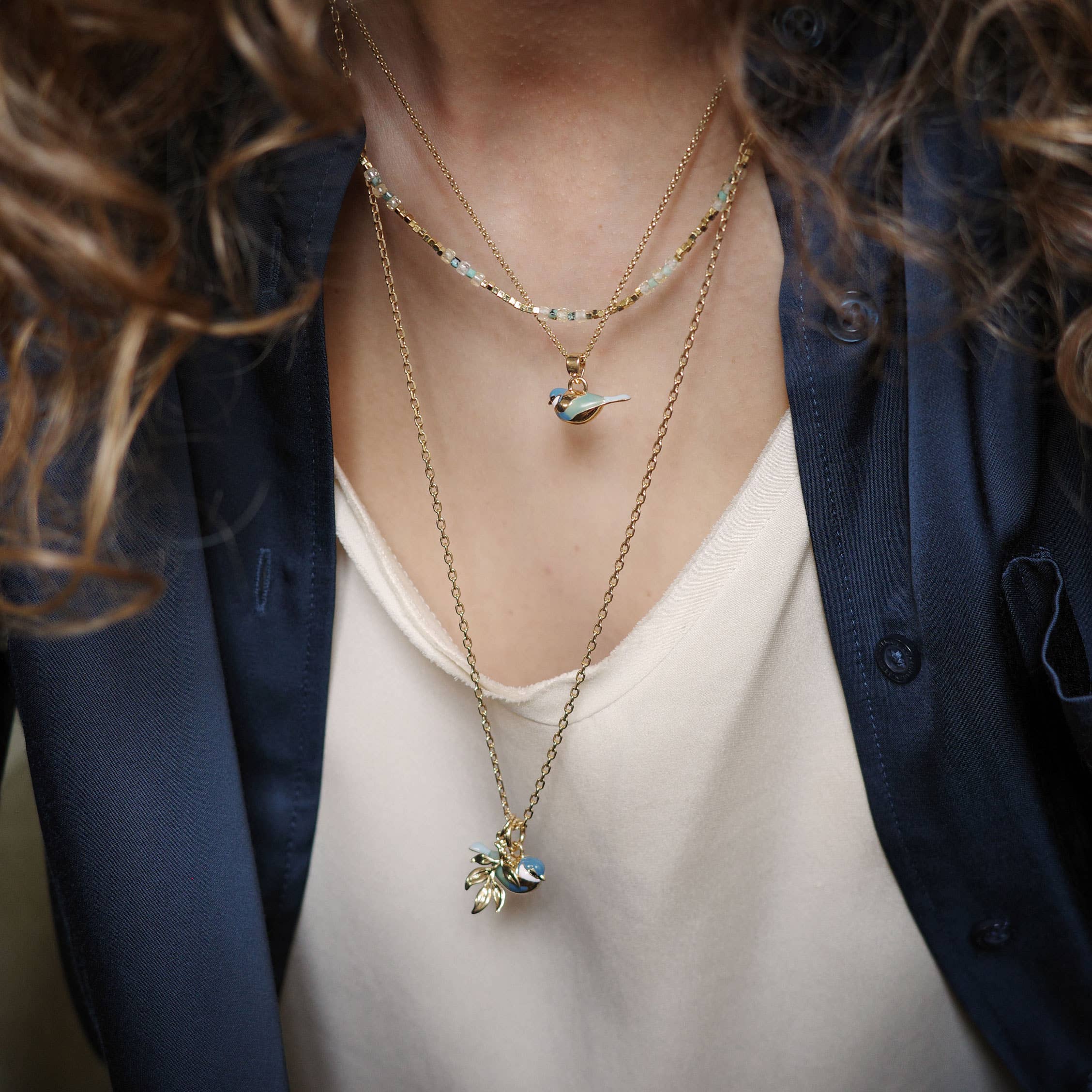 Blue Tit Gold Double Pendant Necklace